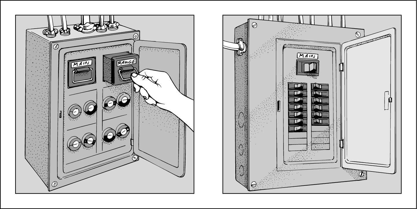 Figure 8-1: A fuse box panel (left) and a circuit breaker panel (right).